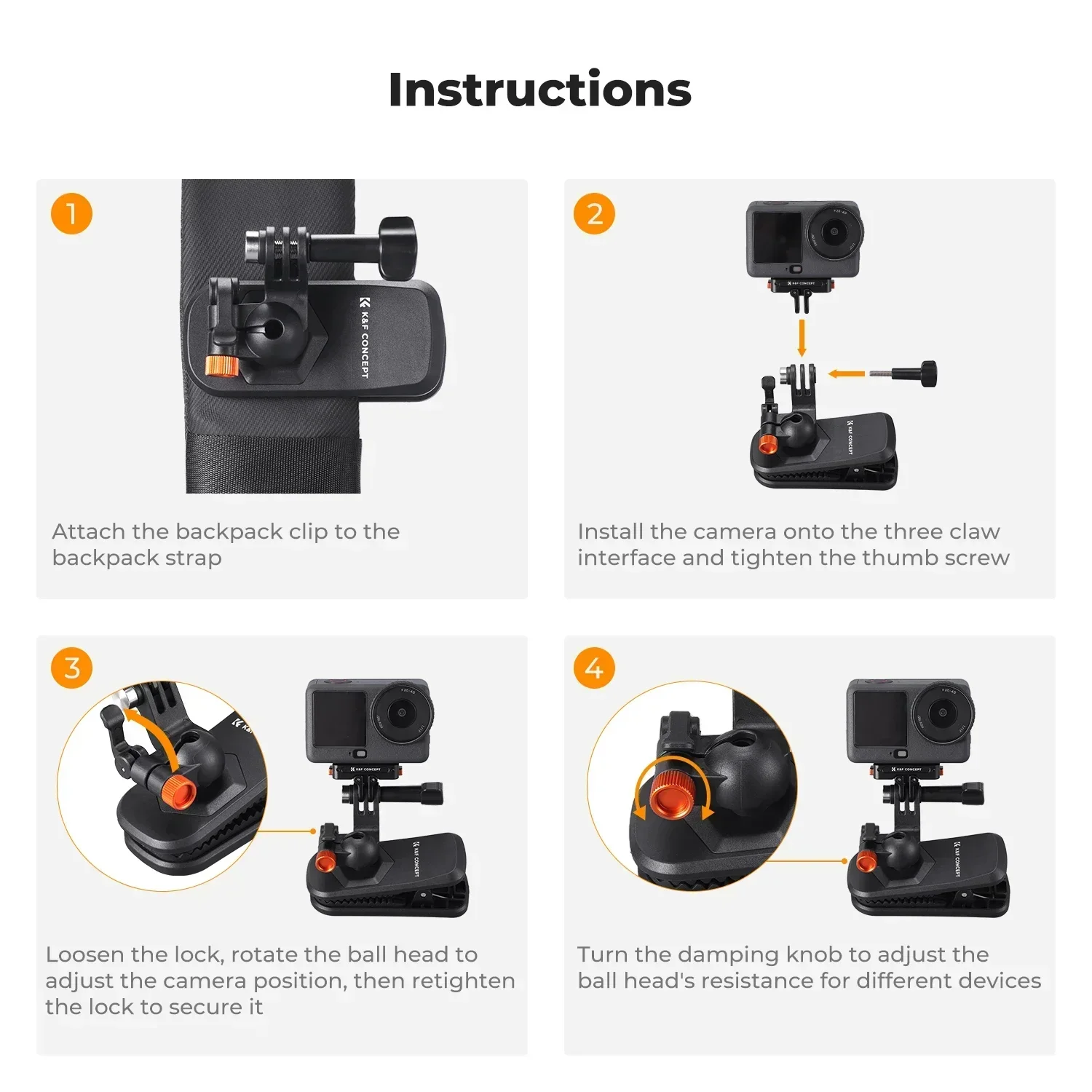 K&F CONCEPT Magnetyczny uchwyt z klipsem do plecaka dla DJI Osmo Action 5 Pro 4 3 Wszystkie GoPro Hero Insta360 X5/4/3 Obrót 180° Szybkie odczepienie — zdjęcie produktu 6