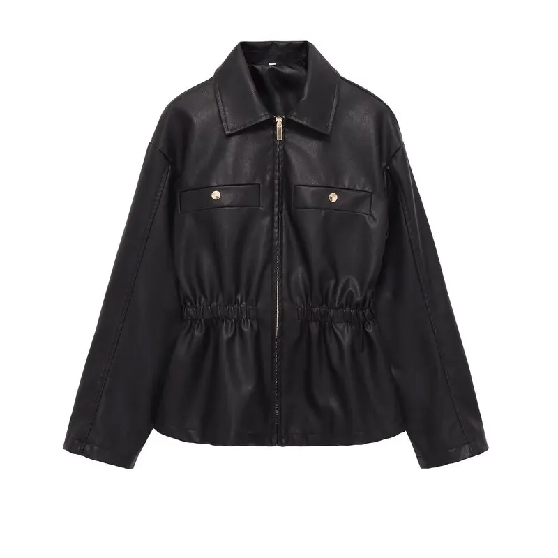 Colete de Couro Feminino Inverno 2025 com Zíper, Cintura Elástica, Manga Longa e Gola Reversível, Moda Externa Inovadora