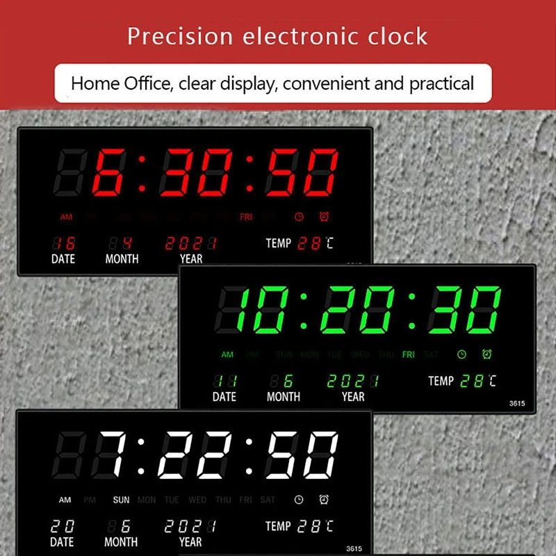 Imagem -03 - Relógio Digital de Parede com Alarme Relógio de Mesa com Led Alarme Chimde Hora em Hora Temperatura Calendário Plugue eu Eletrônico 36x15x2.8cm