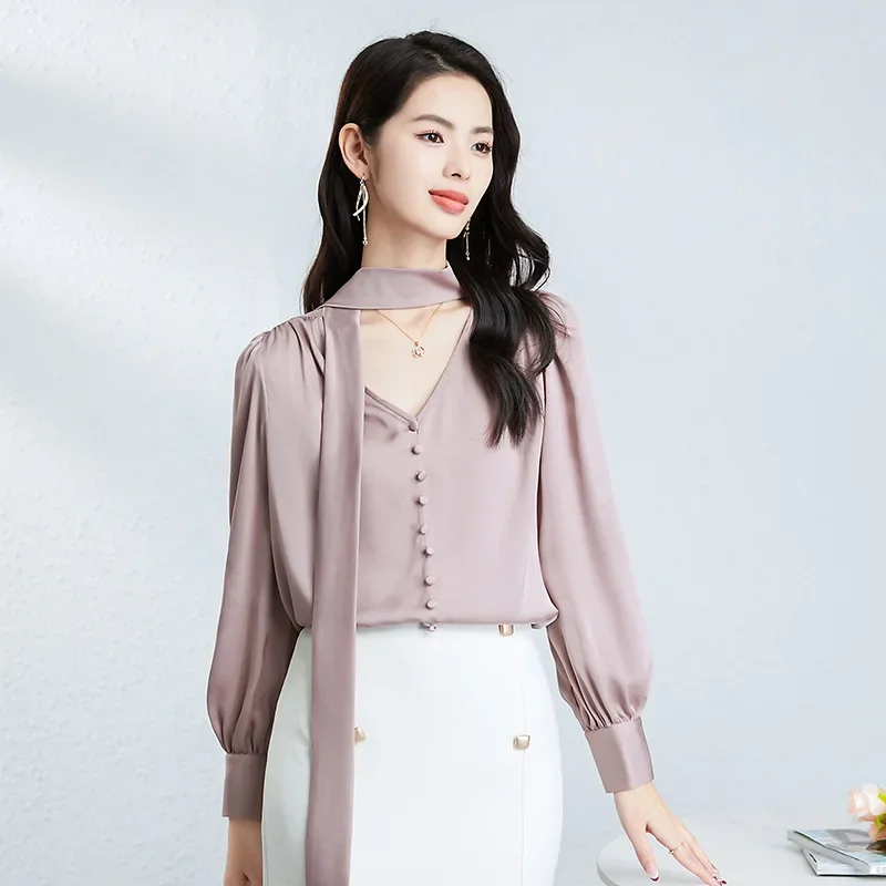 

Mulberry silk shirt women's spring new heavy silk double Joe French V-neck bow shirt premium top