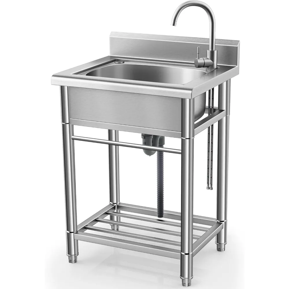 

Utility Sink Free Standing Single Bowl Kitchen Sink with Cold and Hot Water Pipe Stainless Steel Sink for Laundry Room Bathroom