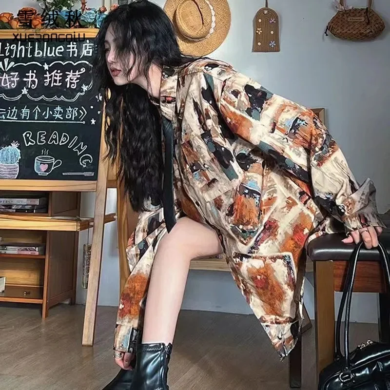 Hong Kong Style Personalized Wide oil Painting 2024 Autumn New Loose American Retro Shirt top tie Long Sleeved Shirt Commuting