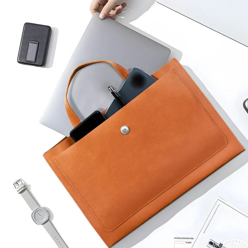 

Large Capacity A4 Leather Document Bag Simple Magnetic Button Double Layer File Folder Elegant with Handle File Storage Bag