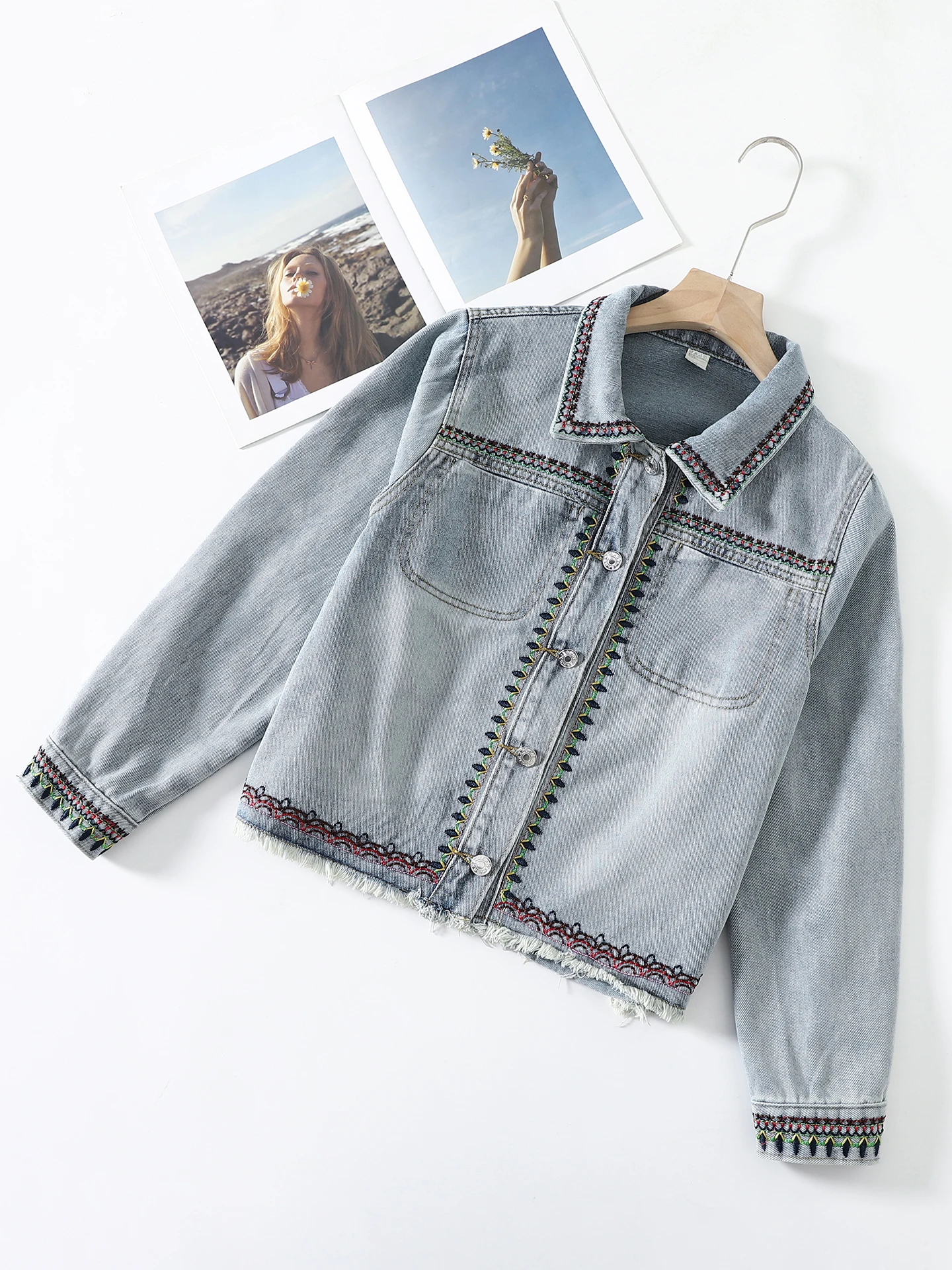 

Модная ковбойская куртка с цветочной вышивкой и воротником в стиле ретро, повседневная куртка премиум-класса с длинными рукавами, весна-осень 2021, новая женская одежда