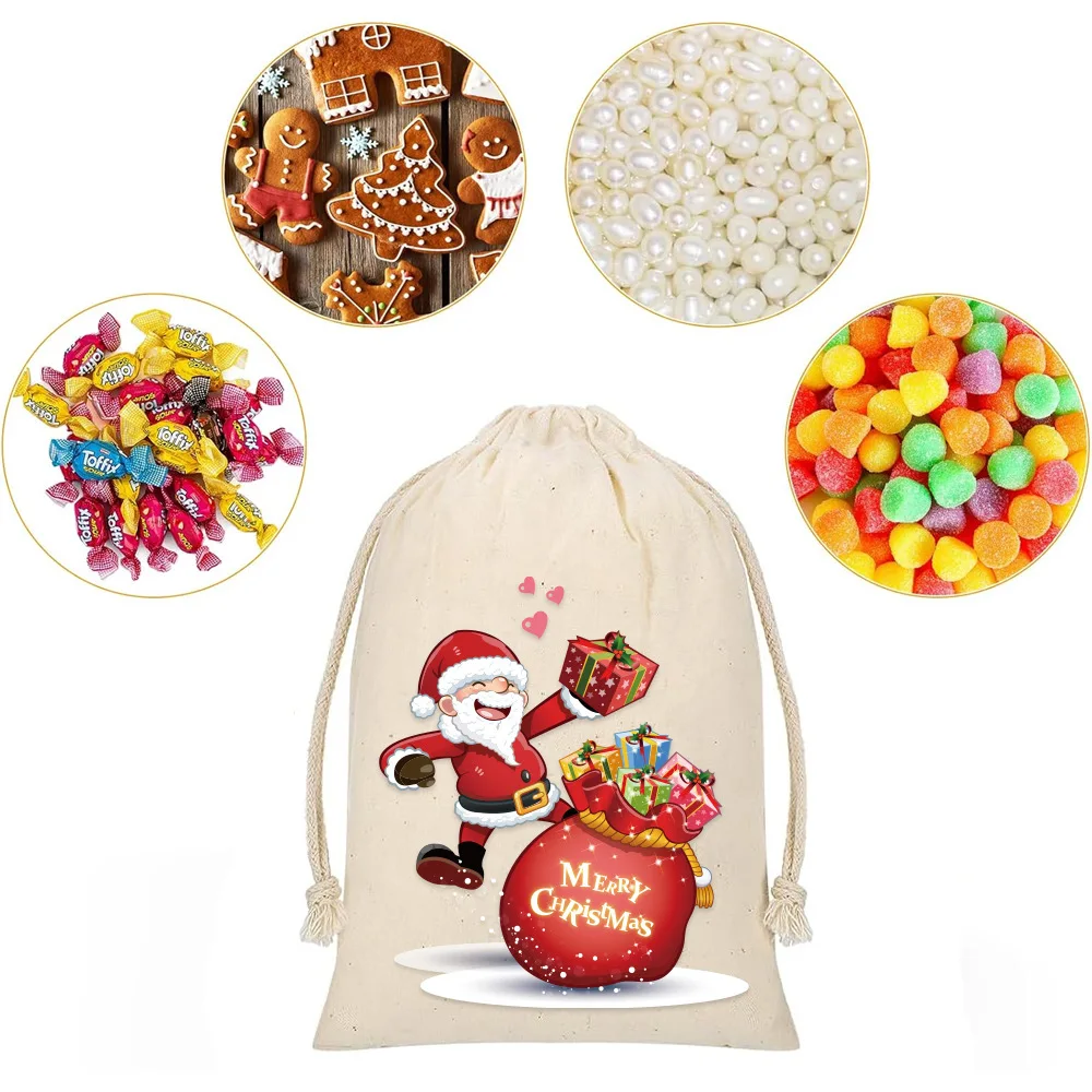 30pcs/lot Santa Claus Printing Cotton Drawstring Pouches Portable Travel Sundry Storage Bags Christmas Candy Gift Packaging Bag