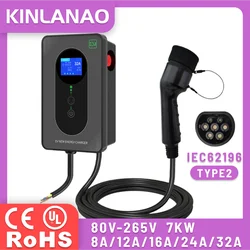 KINLANAO Type2 EV Charger EVSE Wallbox 32A 7KW with IEC62196 Adapter Wallmount Charging Station 5m Cable for Electric Car