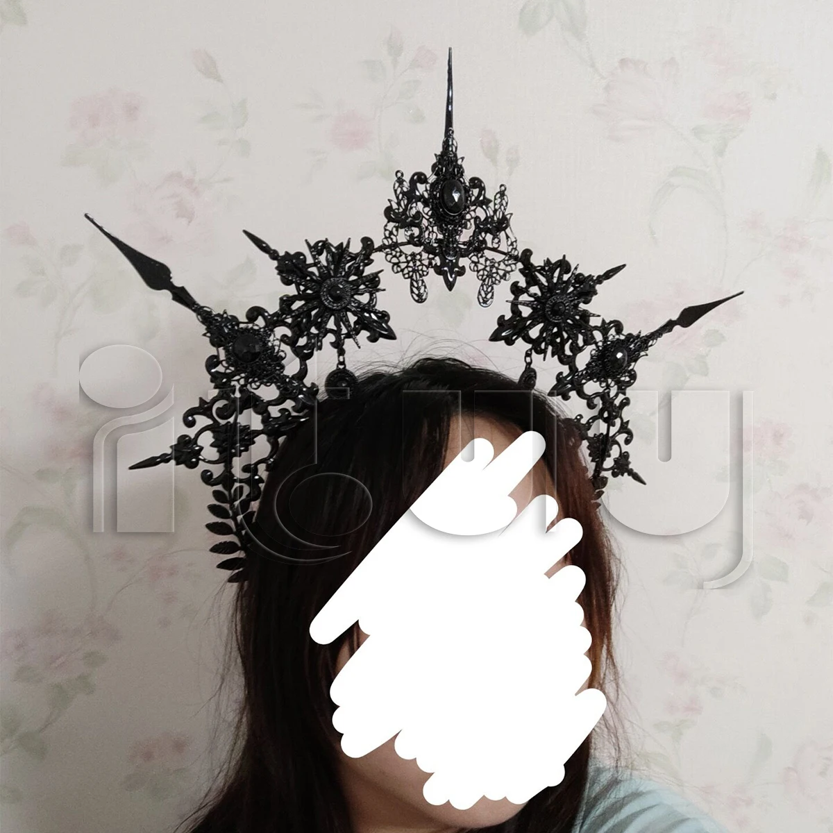 Handmade Gothic Lolita Pearl Sun Virgin Cross Crown Punk Headpiece  Black Spiked KC Halo Headband