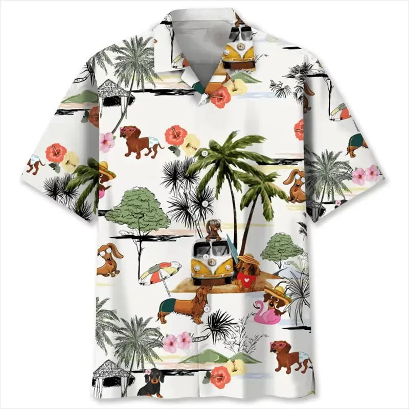 2026 Cartoon Sausage Dog 3D Printed Men's Animal Pet Pattern Short Sleeve Hawaiian Shirt Top Loose Collar Shirt