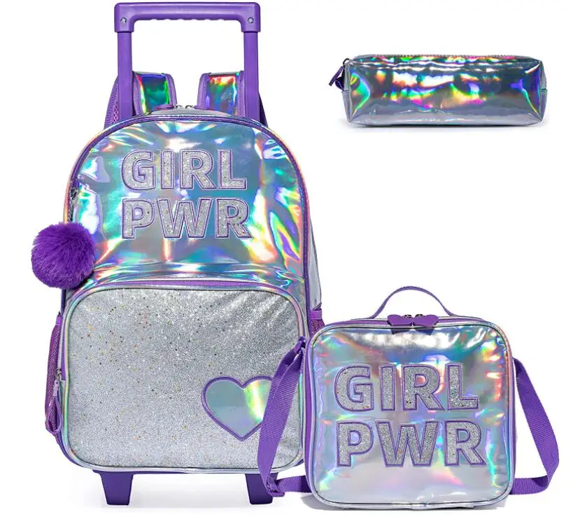 

Kids Trolley Backpack and Lunch Bag Set for Girls Sequin Rolling Backpack for Girls Backpack with Wheels Kids Hand Luggage Bag