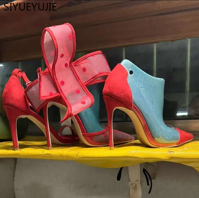 Saltos Stiletto de malha vermelha para mulheres, Bombas de arco de bolinhas, Sandálias laterais de nó borboleta, Sapatos de festa à noite