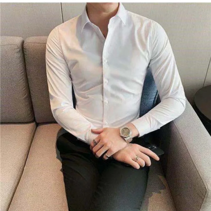 2023 New Spring and Autumn Fashion Simple Business Casual Polo Solid Long Sleeve Slim Fit Elastic Men\'s Professional Shirt