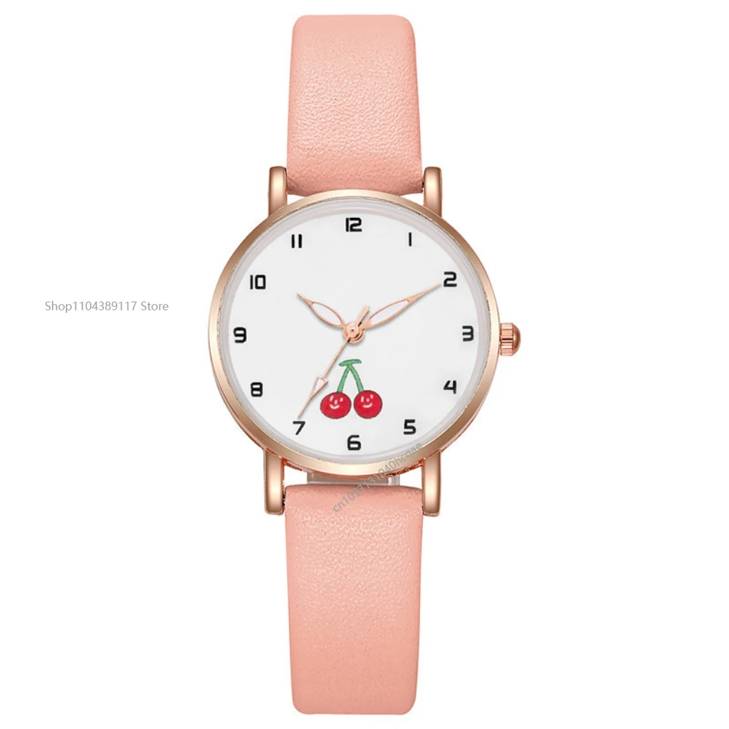 Часы для девочек, красивые детские часы в стиле принцессы, студенческие кожаные кварцевые часы, милые наручные часы с вишней, Reloj Mujer