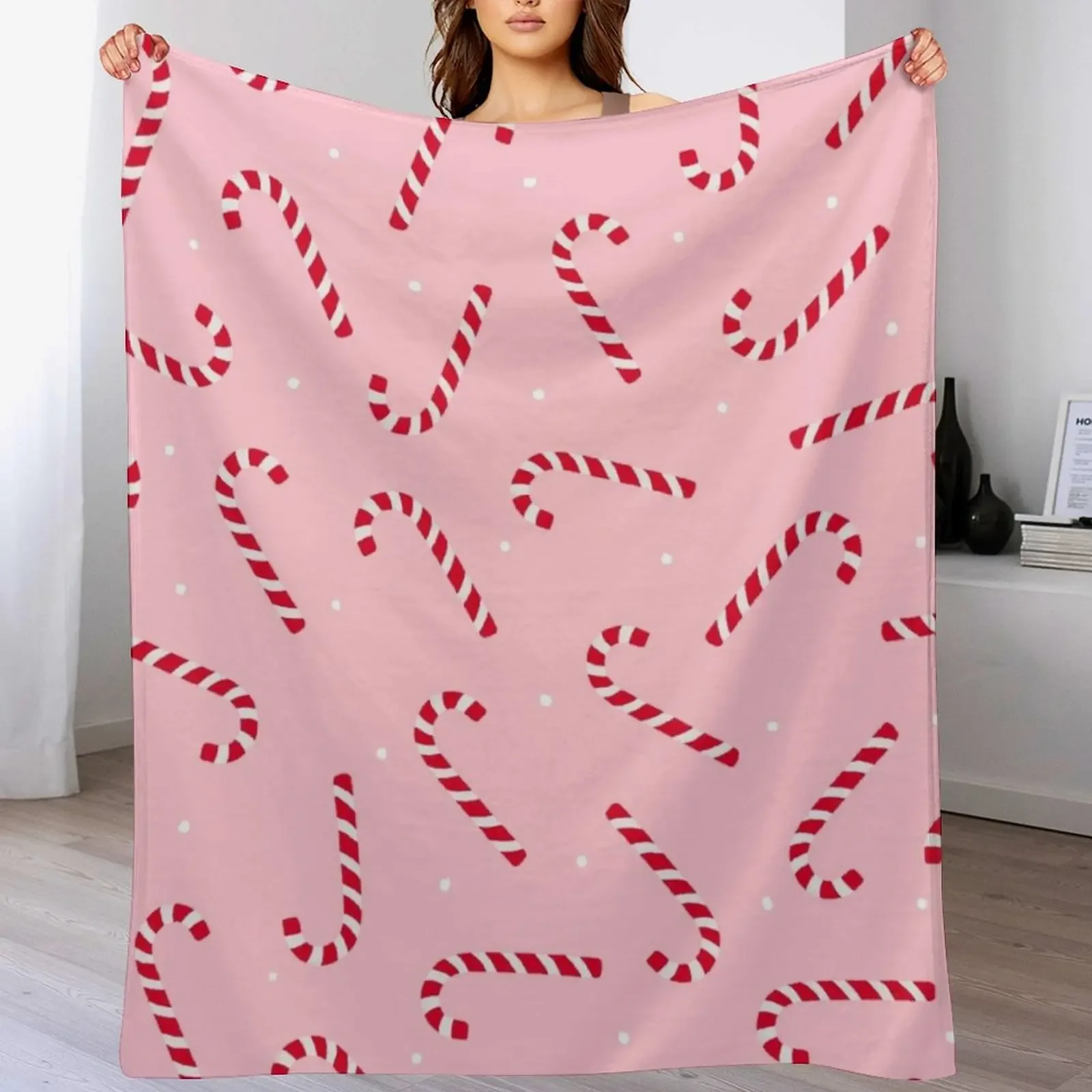 

Christmas Candy Canes Pink Throw Blanket Cozy Home Blanket Gift for Christmas Holiday