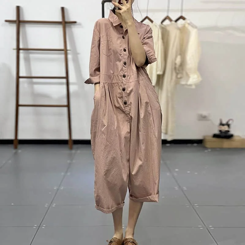 Solid Jumpsuits Women Loose Workwear Quarter Sleeve Playsuits Safari Style One Piece Outfits Women Casual Overalls Harem Pants