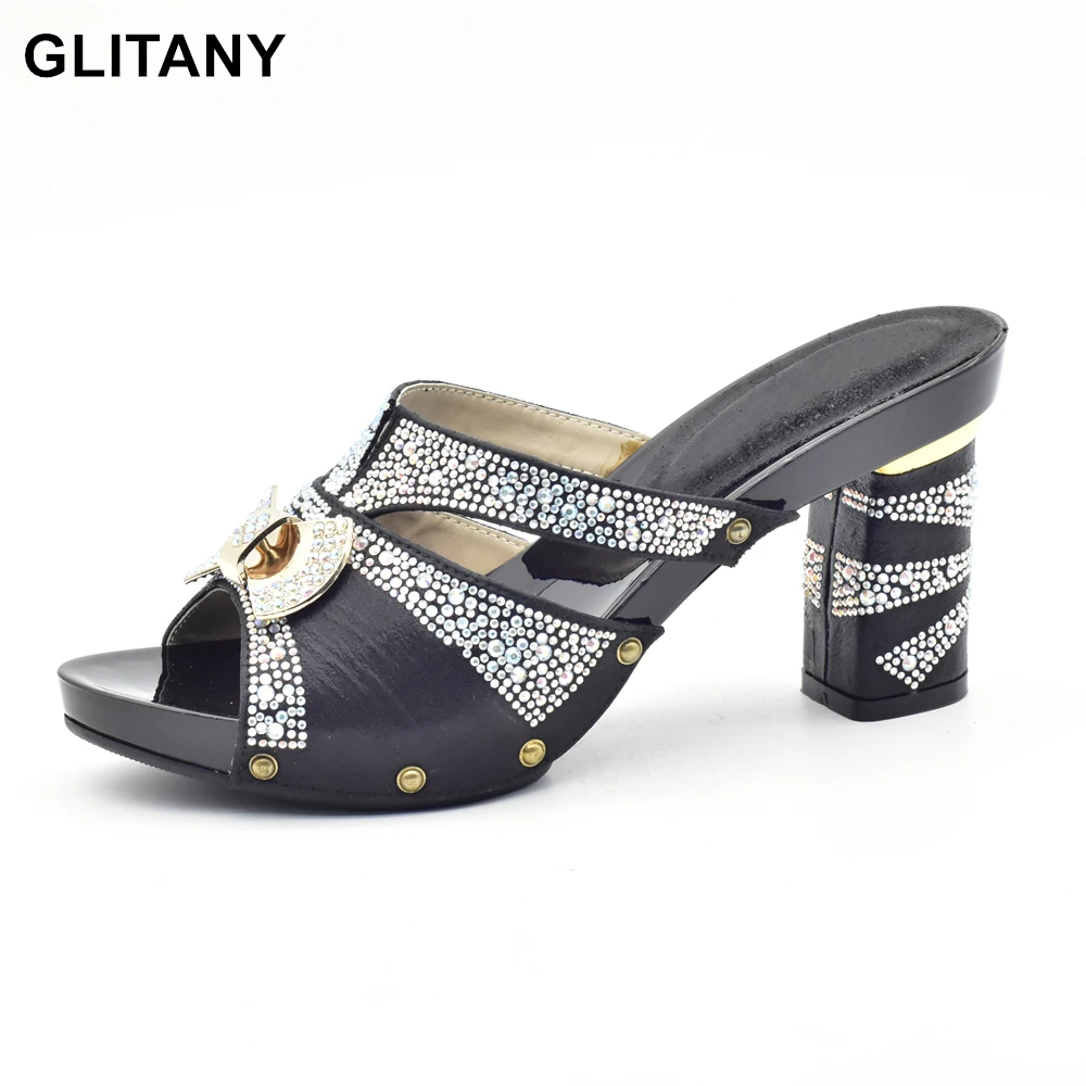 

African Women Wedding Shoes Woman Open Toe Black Color Ladies Pumps Women Shoes Party Wedding Shoes Decorated with Rhinestone