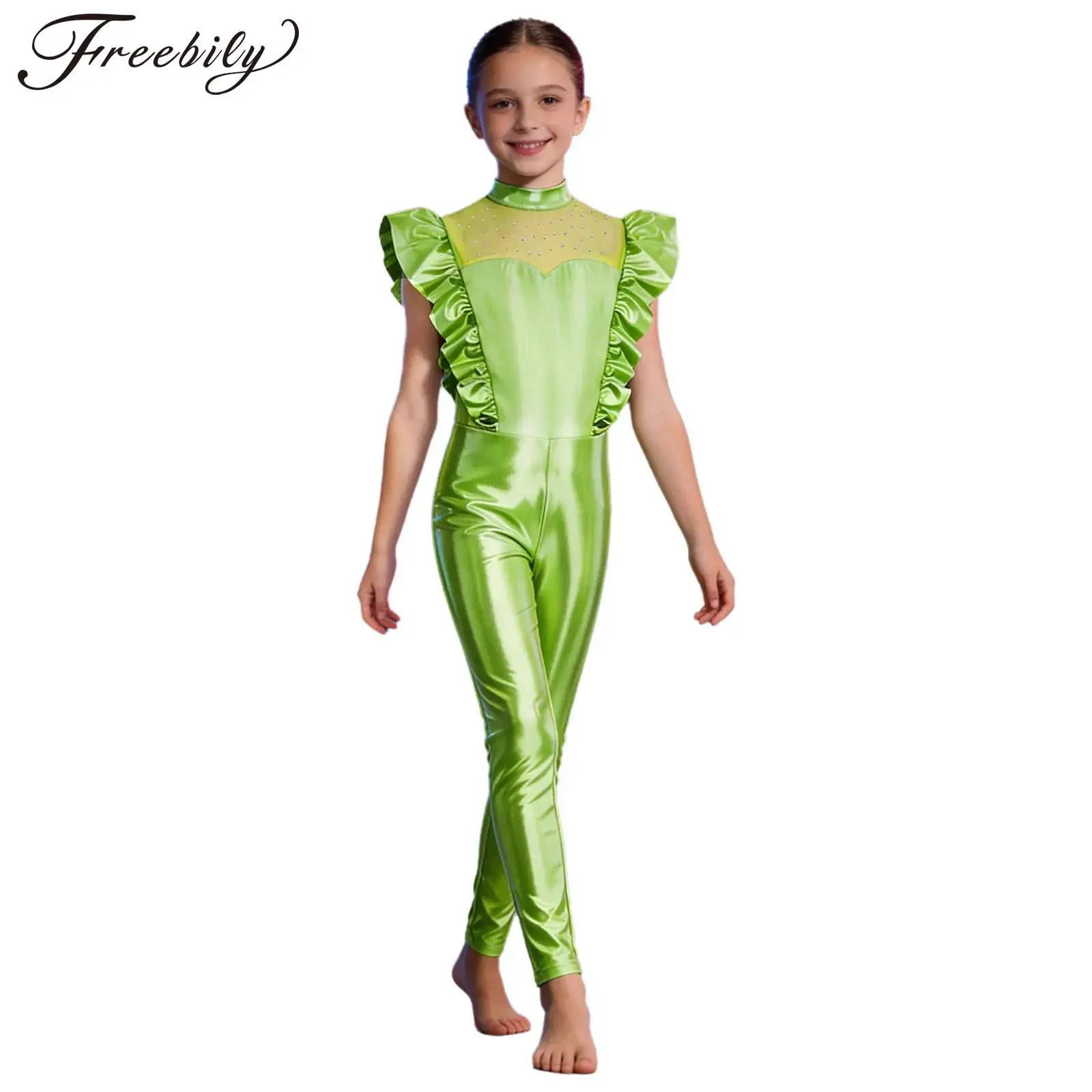 Girls Halloween Alien Robot Astronaut Cosplay Costume Metallic Shiny Ballet Dance Gymnastics Acrobatics Skating Leotard Jumpsuit