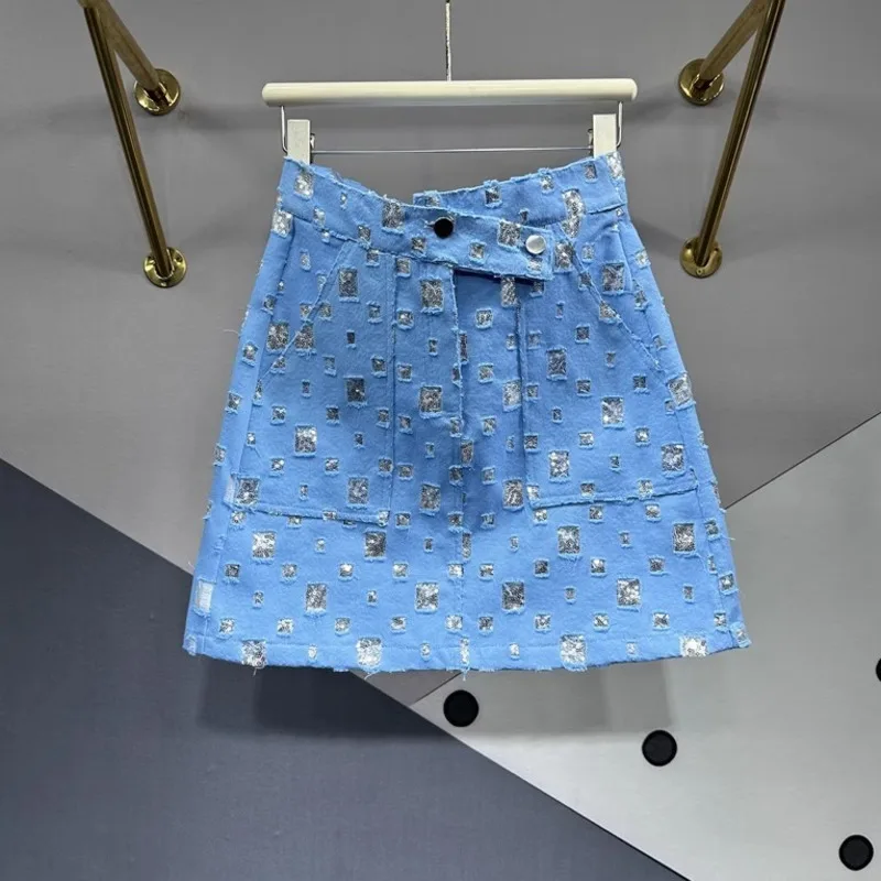 2024 New Fashion Irregular Hole Sequin Cloth Denim Skirt Women's Summer All-Match Slim A- line Skirt with Lined Hip Skirt