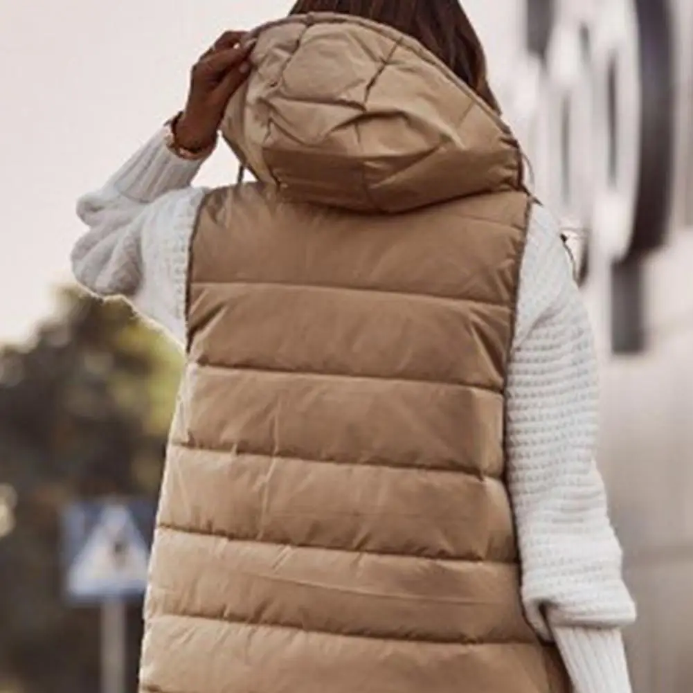 Slim Fit Women Jacket with Drawstring Zipper Women Vest Coat Hem Pockets Mid Length Women\'s Hooded Winter Vest Coat for Winter