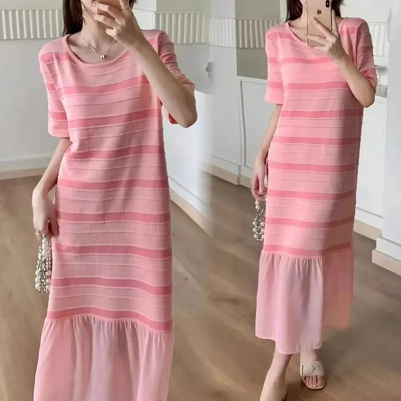 

Female Clothing Striped Dresses Korean Sweet Ruffles Patchwork O-Neck Fashionable Straight Loose Short Sleeve Long Dress JJ79