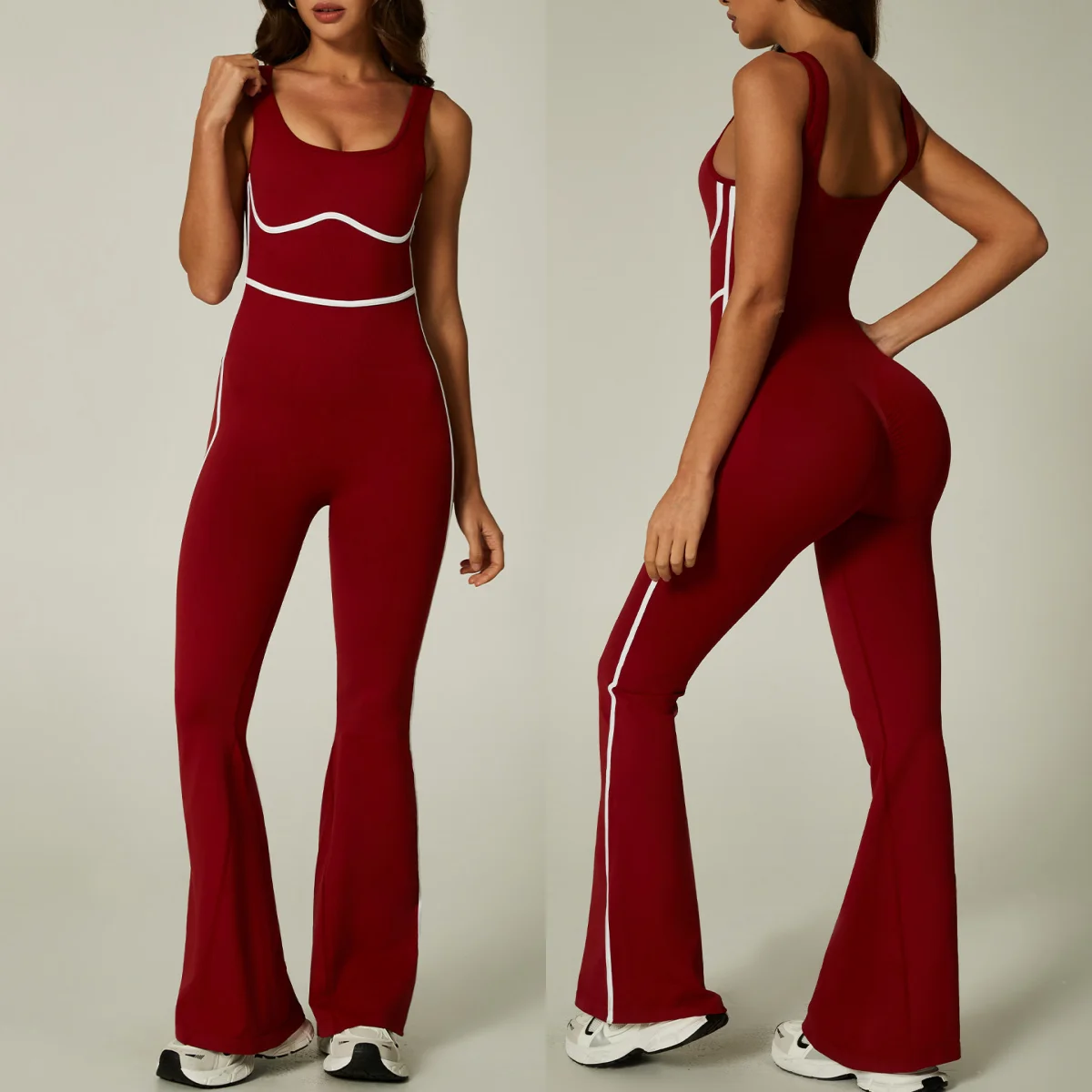 New Contrasting Color Jumpsuits Yoga Set High Elastic Onesie Gym Set Outdoors One-Piece Flared Pants Workout Clothes for Women