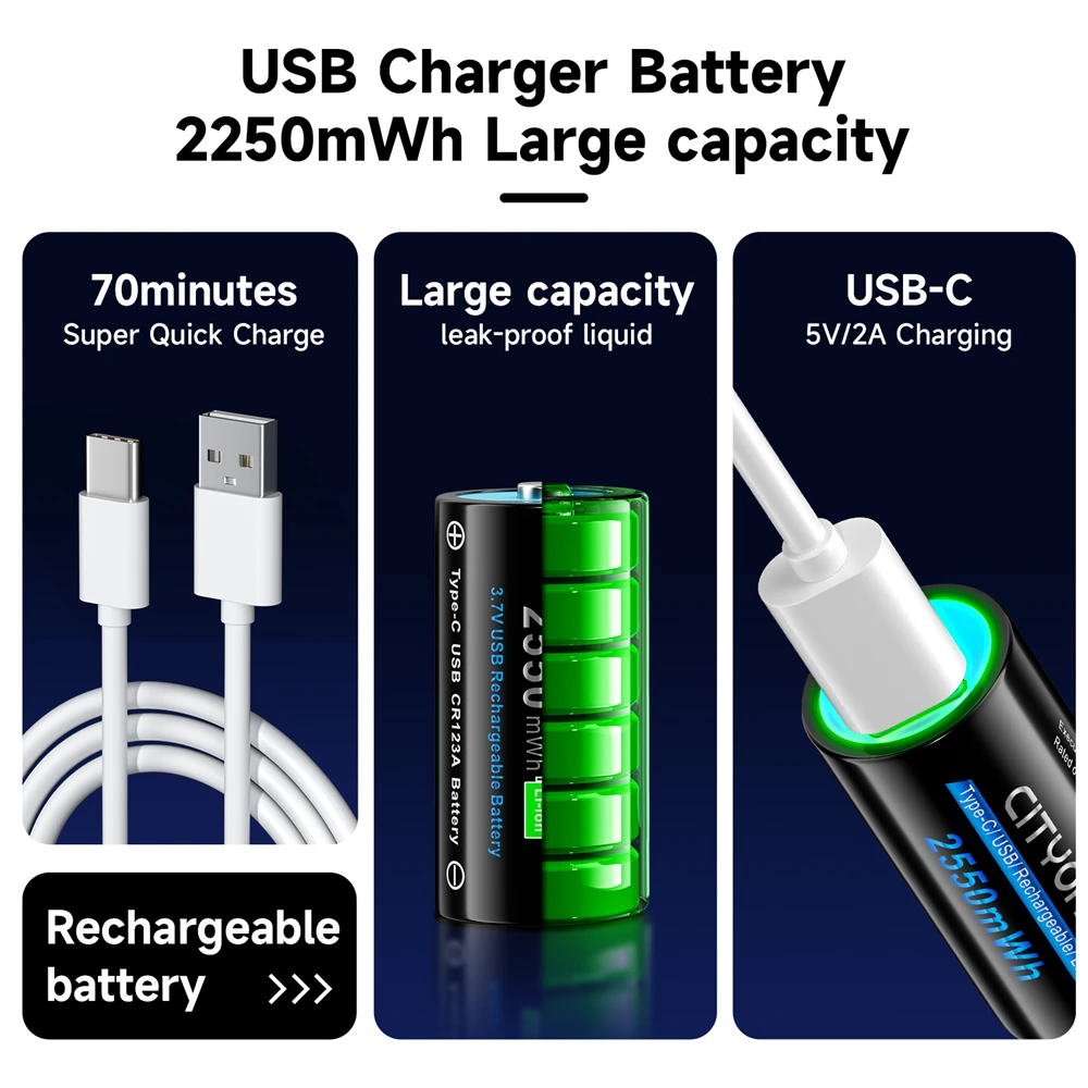 CITYORK 2550mWh 3.7V 16340 16350 بطارية قابلة للشحن USB شحن RCR123 CR123 CR123A بطاريات ليثيوم أيون مع كابل USB
