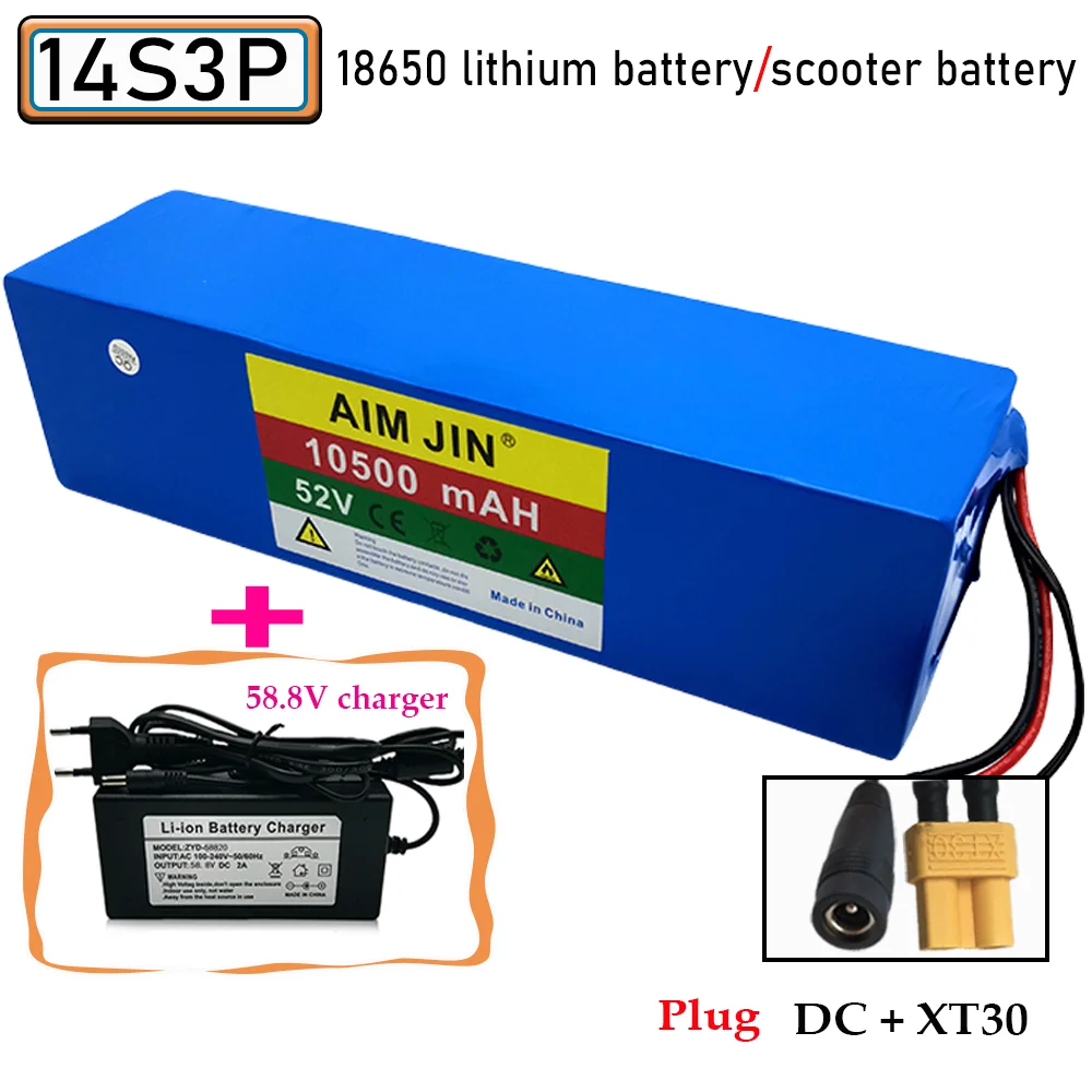 

18650 52V 10500mah14S3P Lithium Battery Pack 52V 1500W electric bicycle battery Built in BMS， XT30 and DC plug