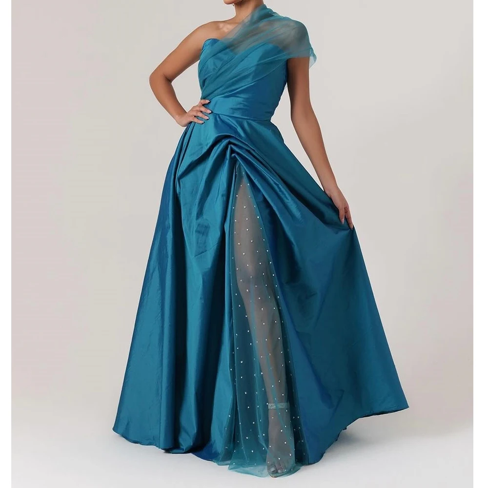 

Customized Modern Pleats Crystal Sweetheart One Shoulder Evening Dress Temperament A-Line Satin Blue Party Gown платье вечернее