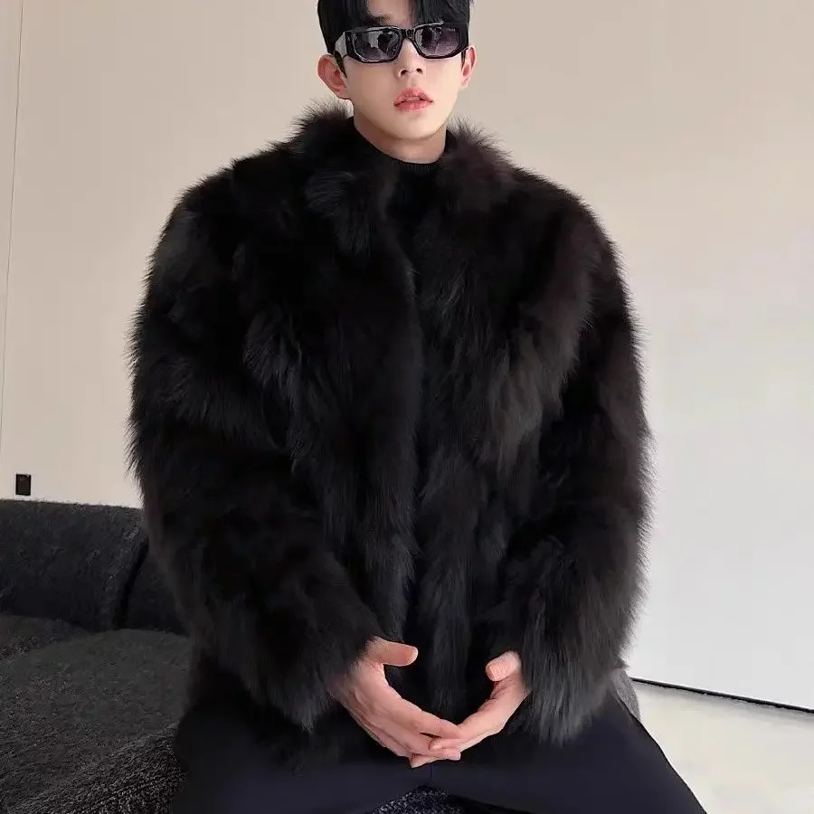 2024 Winter Men New Faux Fur Men\'s Coat Thickened Fox Sable Solid Black   One Piece   Wear Jackets A215