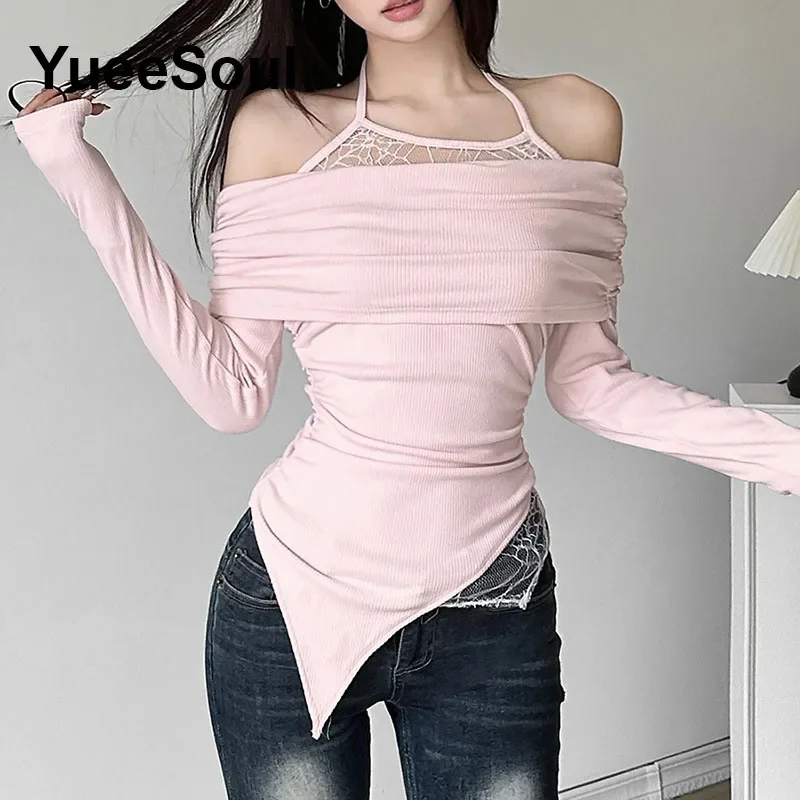 Sexy Vintage Crop Tshirts Long Sleeve Slim T Shirt 2024 Autumn New Korean Style Chic Sweet Y2K Aesthetic Streetwear Female Tee