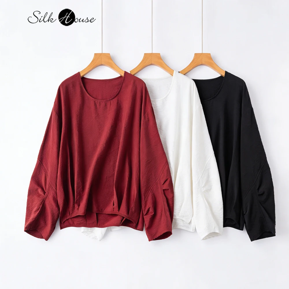 Stereoscopic Cut 76% Natural Mulberry Silk Dried Silk Round Neck Drop Shoulder Long Sleeved Loose Slit Solid Women's T-shirt