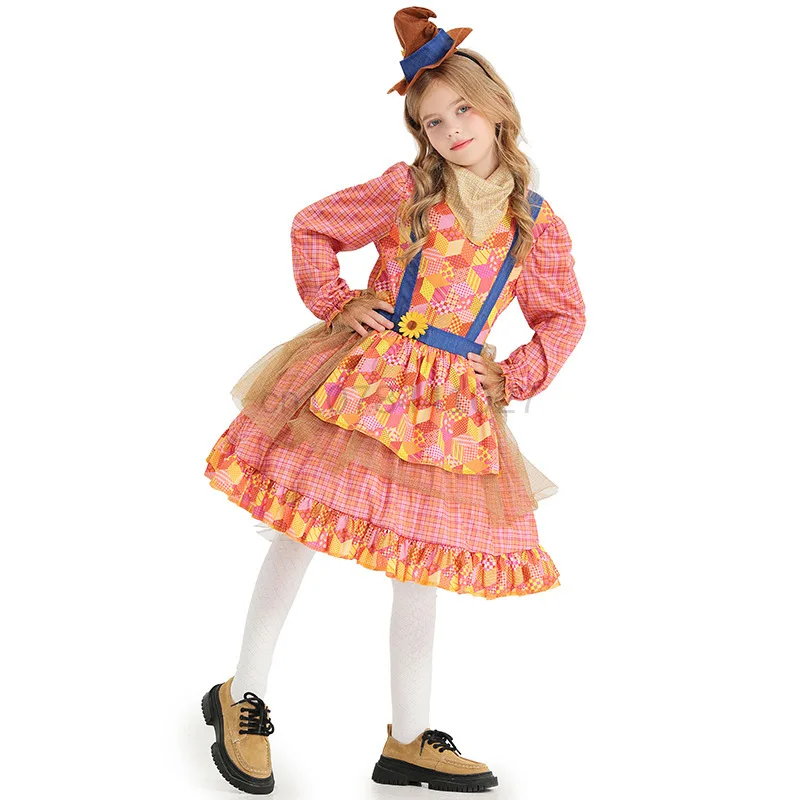 Vêtements de fermier d'Halloween pour enfants, robe d'épouvantail pour filles, costume d'horreur effrayant, robe de jeu en plis pour enfants