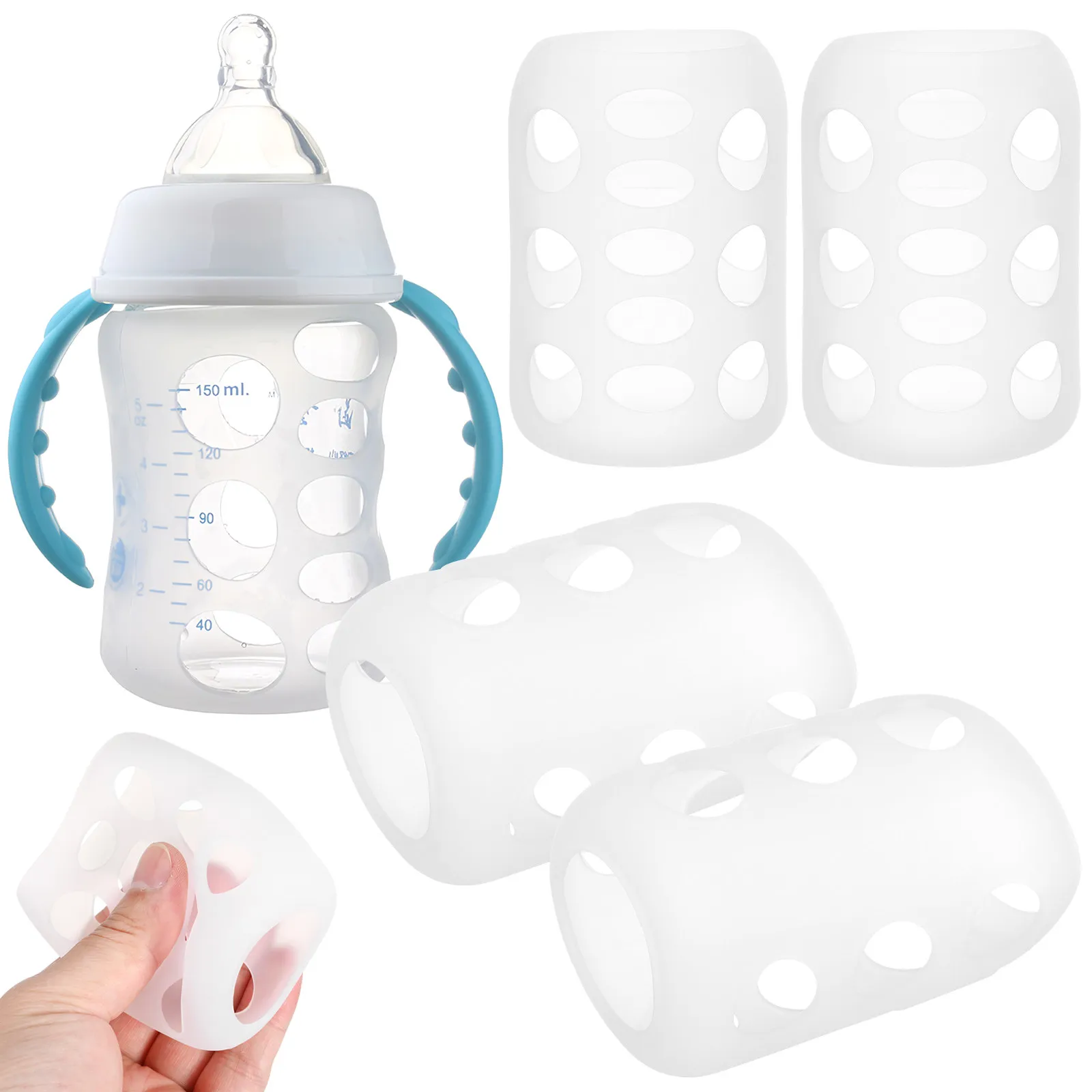 

4Pcs Silicone Baby Bottle Protector Cover Anti-Slip Shock Absorbing Sleeve for Glass Milk Bottles Hollow Nursery Use