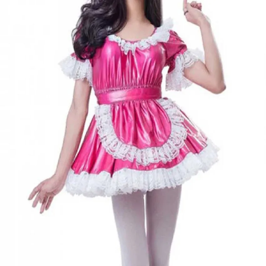 

Gothic Sexy Maid Lockable PVC Pink White Border Girly Dress Cosplay Costume Dress Adult Tailor Party Wear Carnival Customized