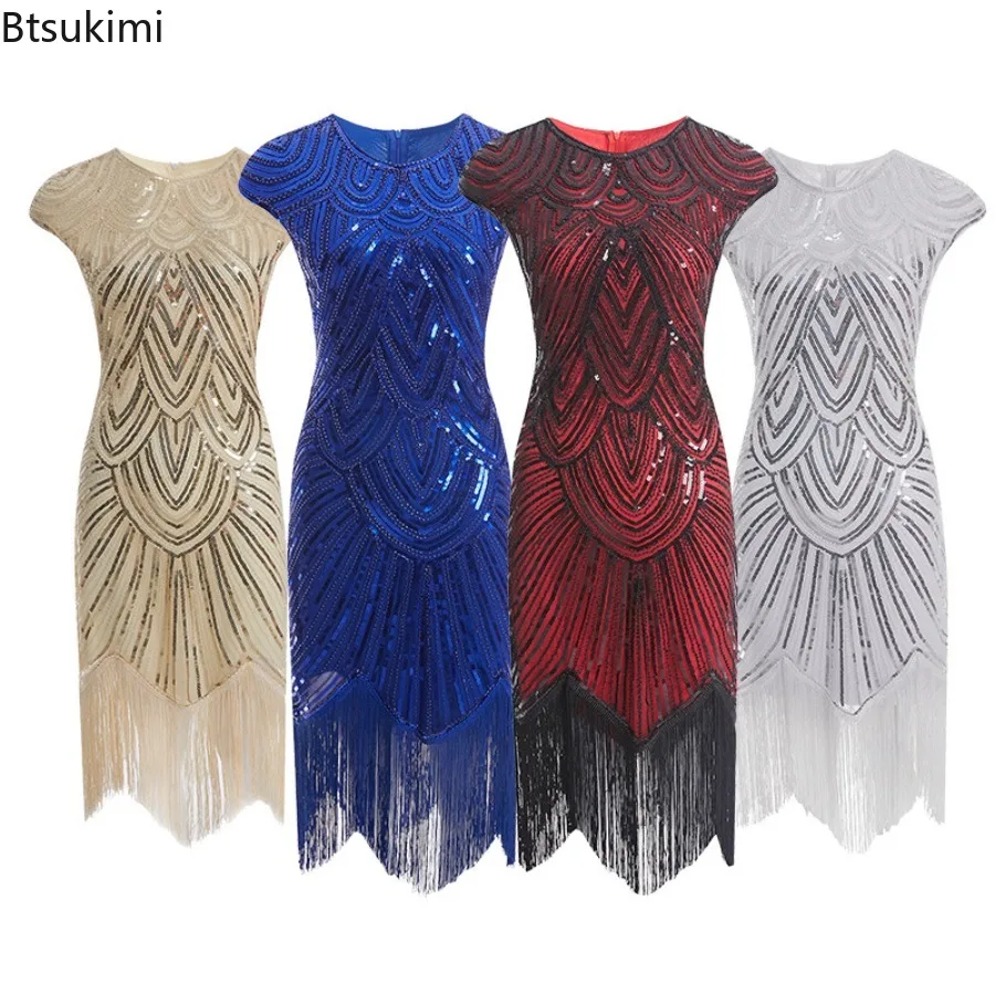 1920s Vintage Elegant O-Neck Sleeveless Tassels Weave Bodycon Sequin Party Dress Summer Women Ball Fashionable Clothes Plus Size