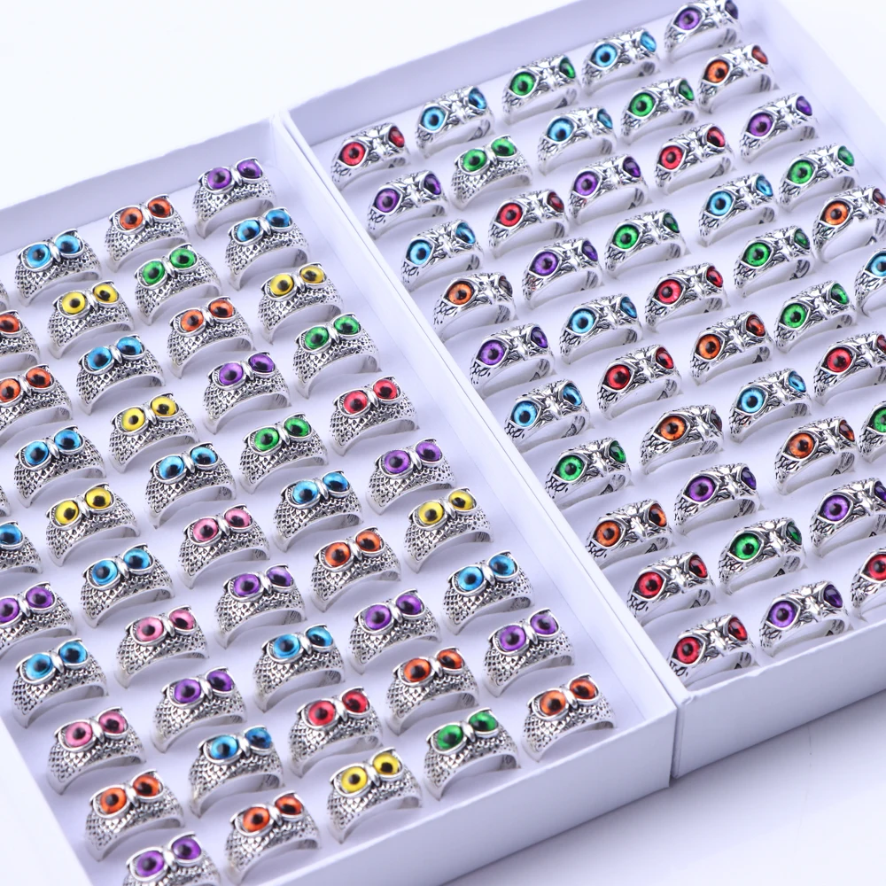 20Pcs/Lot Fashion Vintage Gothic Owl Animal Adjustable Ring For Men Women Retro Punk Blue Eyes Opening Jewelry Party Gifts