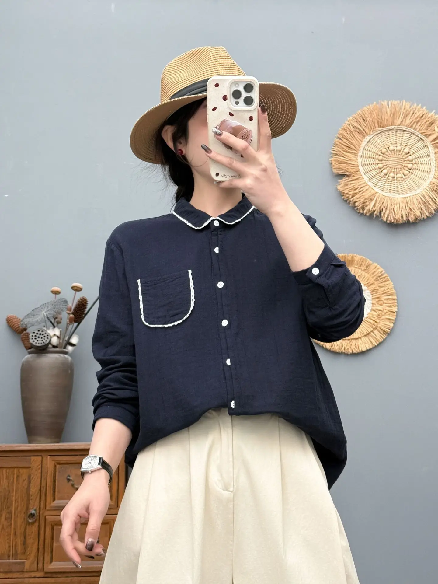 Nueva camisa de manga larga de hilo de algodón de verano 2025, blusa holgada informal cómoda con cuello vuelto para mujer sólida, chica Mori T55376CC