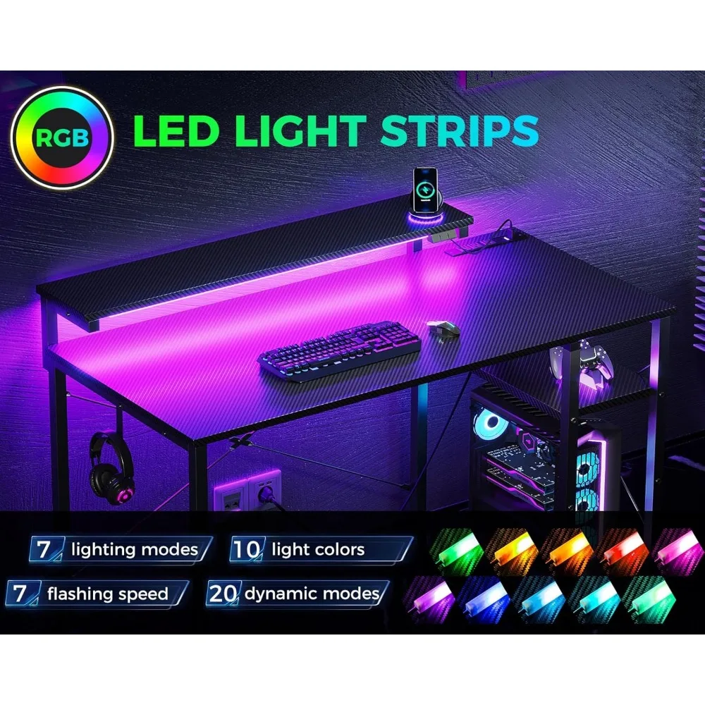 Gaming Desk with LED Lights & Power Outlet, Small Computer Desk with Shelves, Adjustable Monitor Stand & Headphone Hook