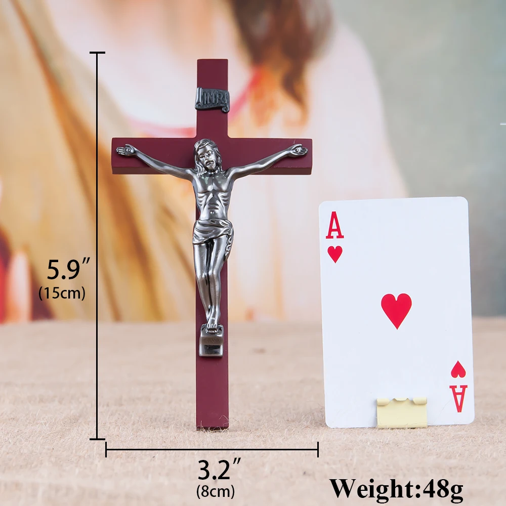 HTISOK Catholic Wooden Cross with Silver Metal Jesus Figure Wall Mounted Religious Crucifix for Home