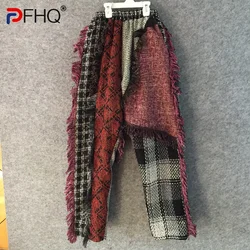 PFHQ Niche Design Tweed Wornout Tassel Plaid Patchwork Men's Casual Pants Stylish High Quality Personality Tide Trousers 21F1945