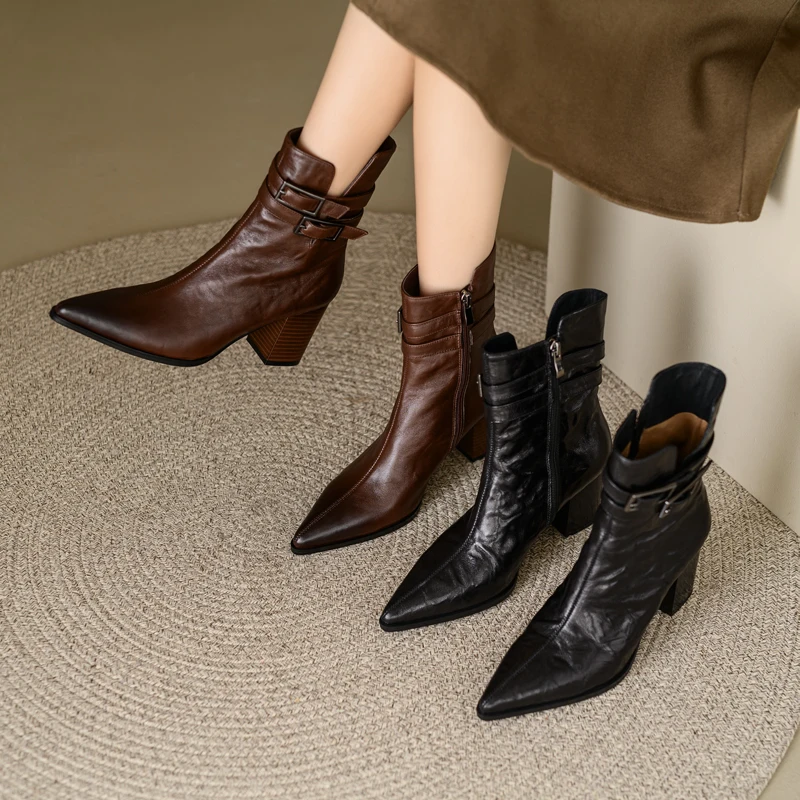 2026 new autumn winter women ankle boots 22-25cm cowhide+pigskin/plush pointed toe buckle side-zip high heel women short boots