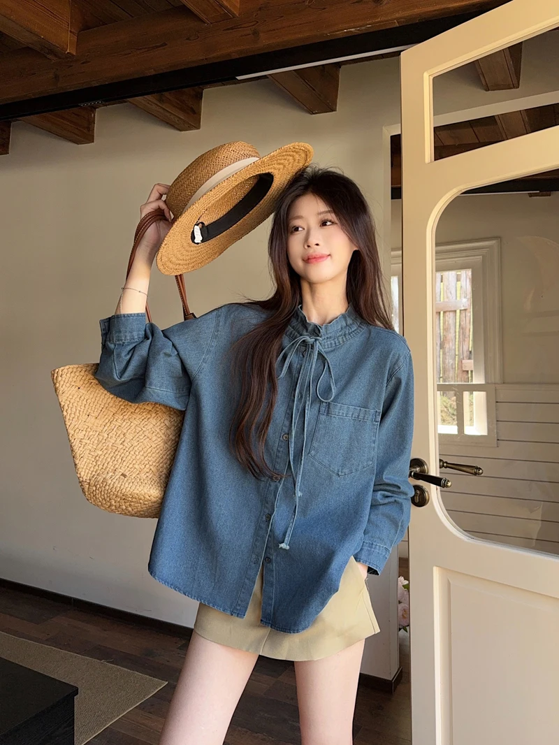 

Kumikumi Korean Style Blue Ruffle Collar Long Sleeve Denim Shirt Women Casual Versatile Spring Fashionable Top