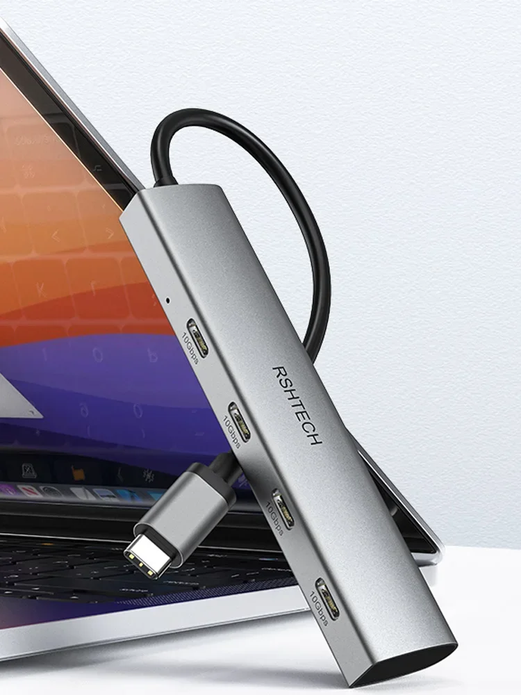 RSHTECH Hub USB-C USB 3.2 Hub 10Gbps 4-portowy rozdzielacz USB-C Przenośny aluminiowy adapter USB typu C do MacBooka i laptopów z Thunderbolt — zdjęcie produktu 7