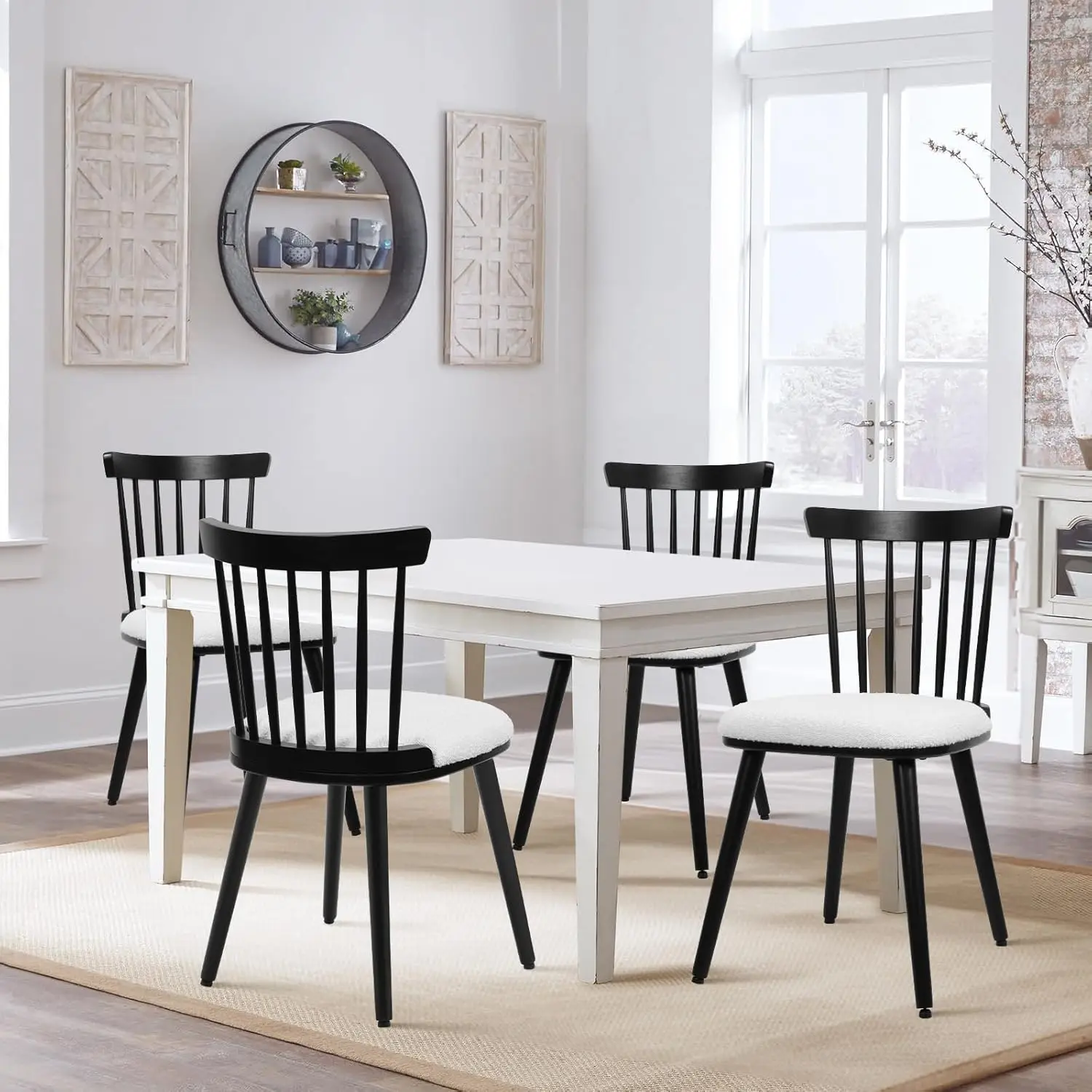 Black Dining Chairs Set of 4 Farmhouse Wood Spindle Back Dining Room Chairs Mid-Century Modern Padded Windsor Chair for Kitchen