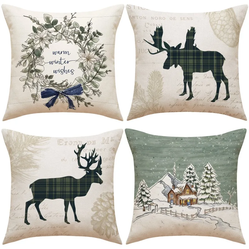 

Christmas Winter Pillow Covers 45x45cm Set of 4 Christmas Tree Forest Black Reindeer Winter Wonderland Decor for Sofa Home Decor