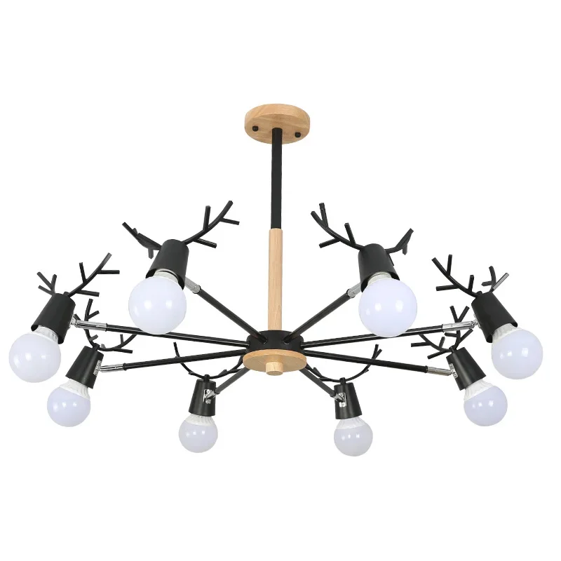 Modern Wood Chandelier Horn Deer Lampshade Kids Room Girl Room Chandelier Black White Pink Chandelier Led Salon Lighting