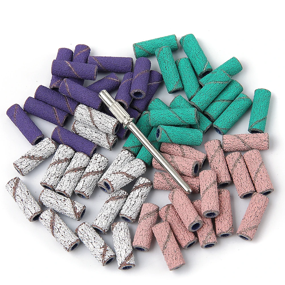 Faixas de lixamento de unhas de 3mm, grãos mistos 80/120/180/240-com 1 peça de eixo para broca elétrica de unhas, kit de manicure e pedicure 60 peças