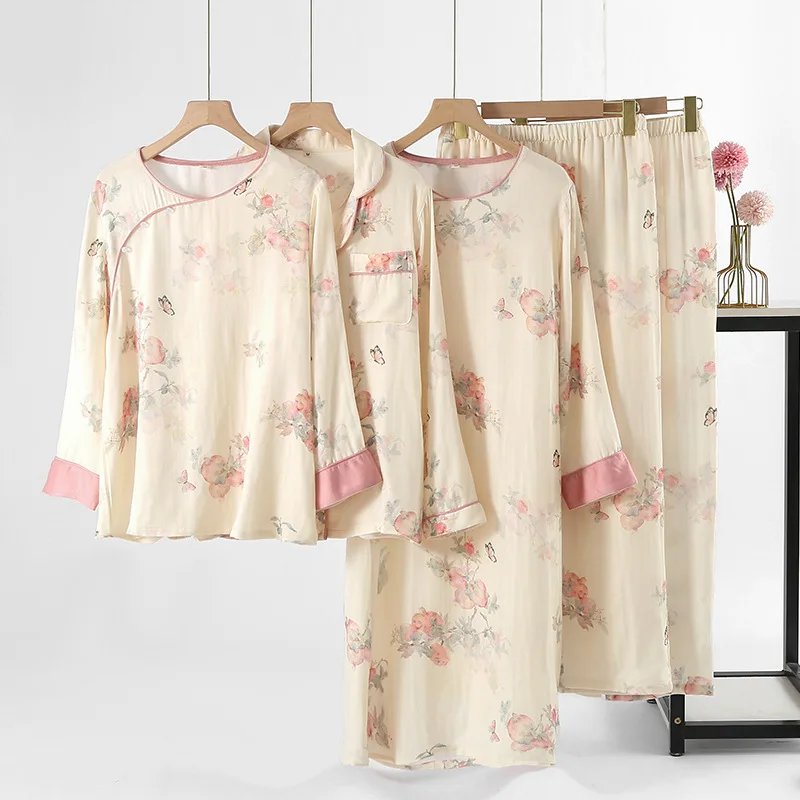 

Ice Silk Pajamas Women's Autumn Retro Printing Long-sleeved Trousers 2 PCS Set Jacquard Silk Loungewear