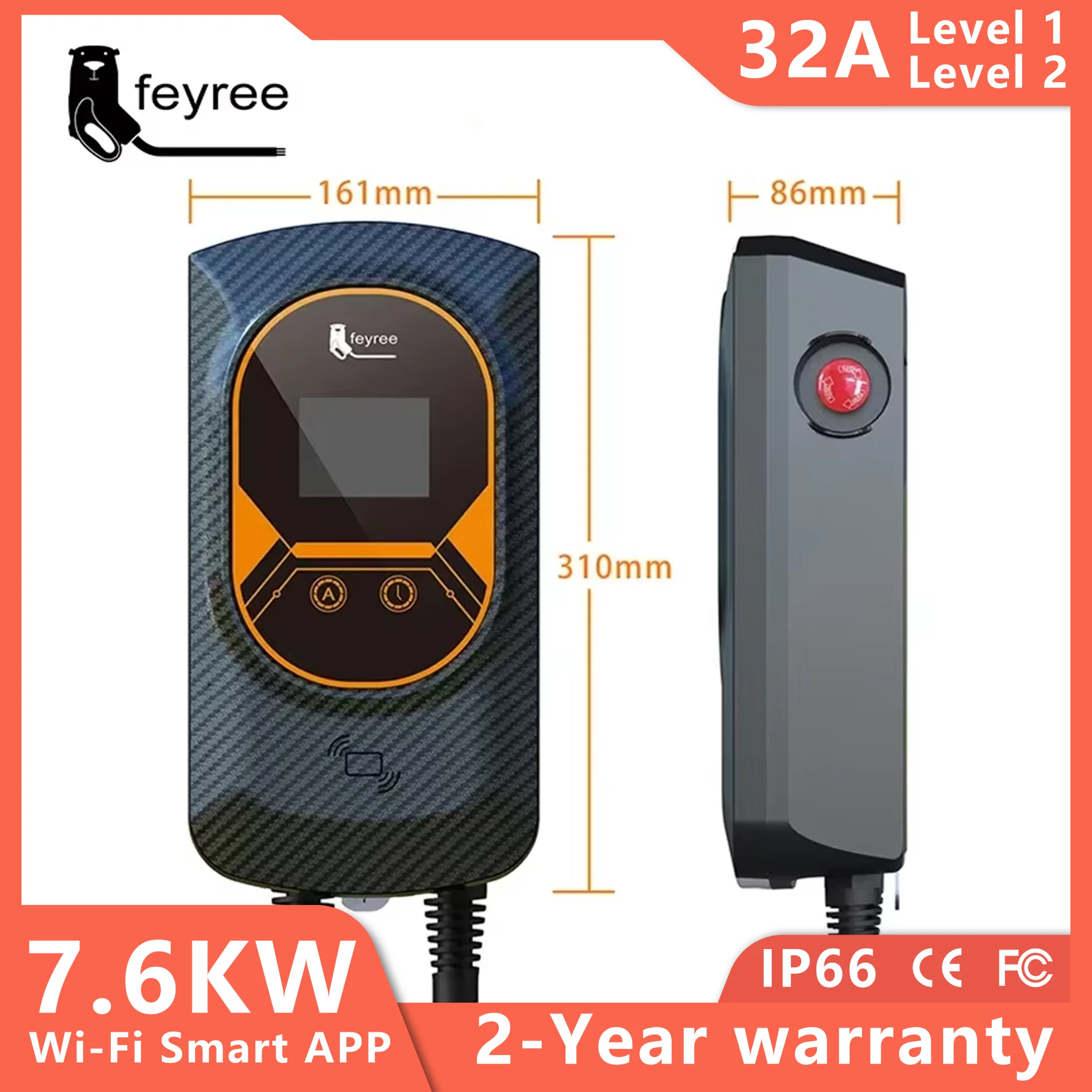 feyree EV Charger GB/T Cord 16A 32A EVSE Wallbox 7KW 11KW 22KW APP Control RFID Card Control 5m Cable for Electric Vehicle Car