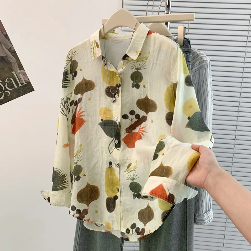 

New Spring and Autumn Printed Cotton Linen Commuting Temperament Square Collar Fresh Long-sleeved Cardigan Loose Shirt for Women