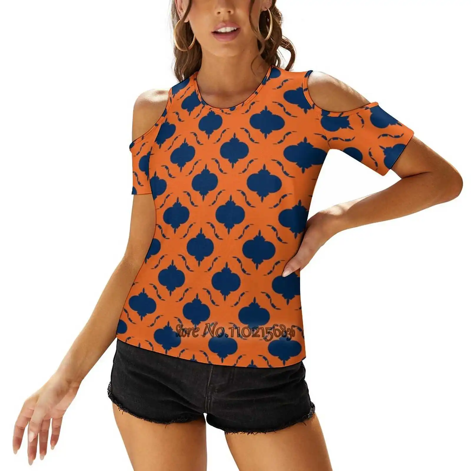 Orange & Navy Blue Quatrefoil Pattern Women Print T-Shirt Summer Casual Tops Streetwear T Shirt Korean Tops Moroccan Quatrefoil